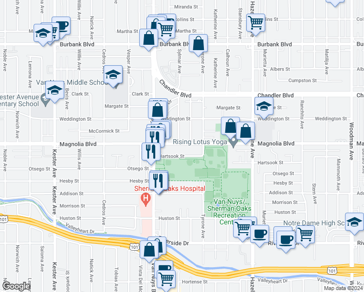 map of restaurants, bars, coffee shops, grocery stores, and more near 14358 Magnolia Boulevard in Los Angeles