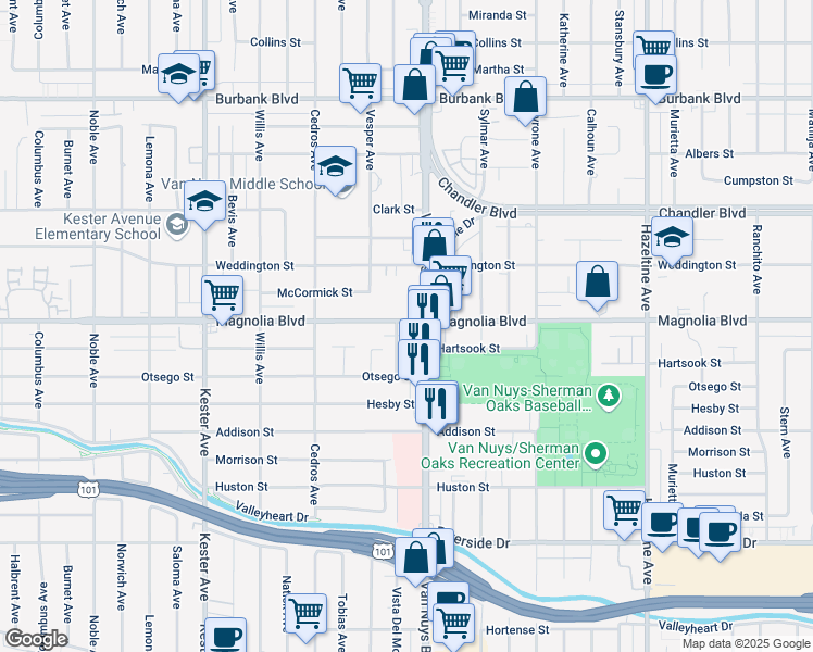 map of restaurants, bars, coffee shops, grocery stores, and more near 5151 Van Nuys Boulevard in Los Angeles