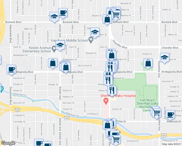 map of restaurants, bars, coffee shops, grocery stores, and more near 5128 Tobias Avenue in Los Angeles
