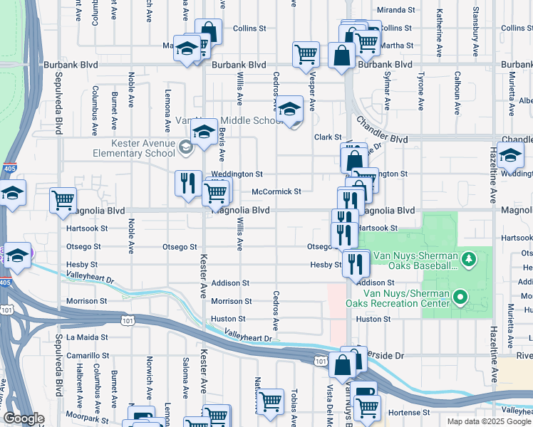 map of restaurants, bars, coffee shops, grocery stores, and more near 14709 Hartsook Street in Los Angeles