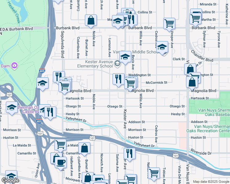 map of restaurants, bars, coffee shops, grocery stores, and more near 14955 Hartsook Street in Los Angeles