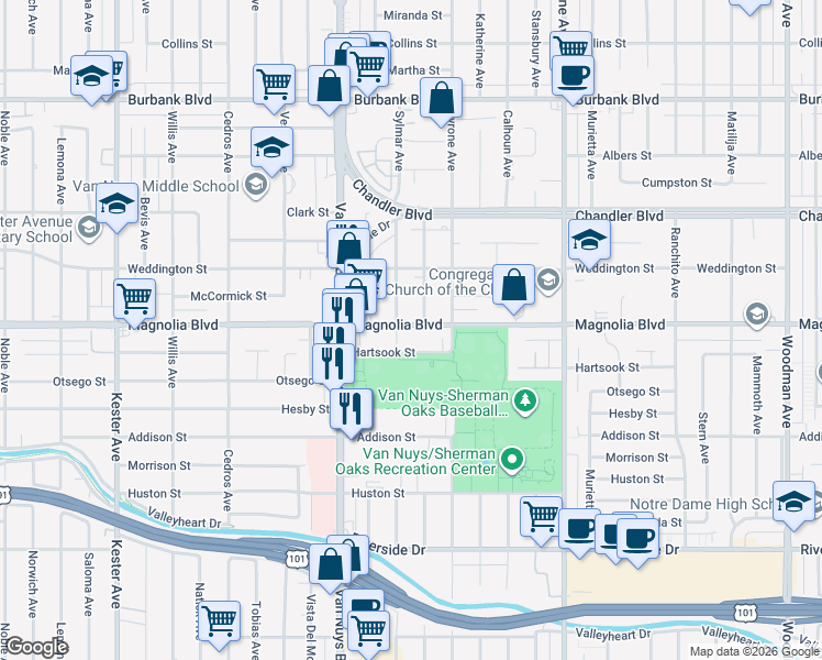 map of restaurants, bars, coffee shops, grocery stores, and more near 14358 Magnolia Boulevard in Los Angeles