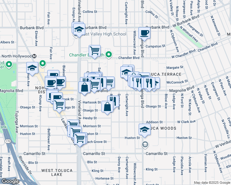 map of restaurants, bars, coffee shops, grocery stores, and more near 10746 Magnolia Boulevard in Los Angeles