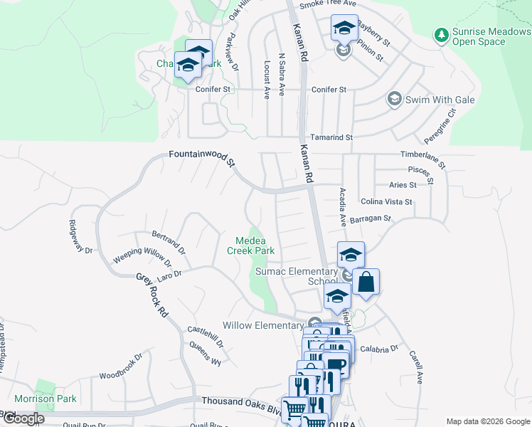 map of restaurants, bars, coffee shops, grocery stores, and more near 6228 Watertree Court in Agoura Hills