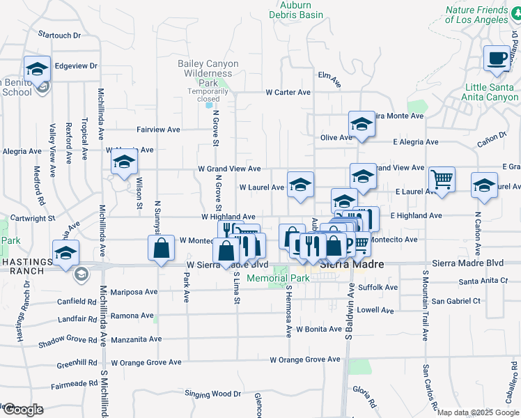 map of restaurants, bars, coffee shops, grocery stores, and more near 263 West Highland Avenue in Sierra Madre