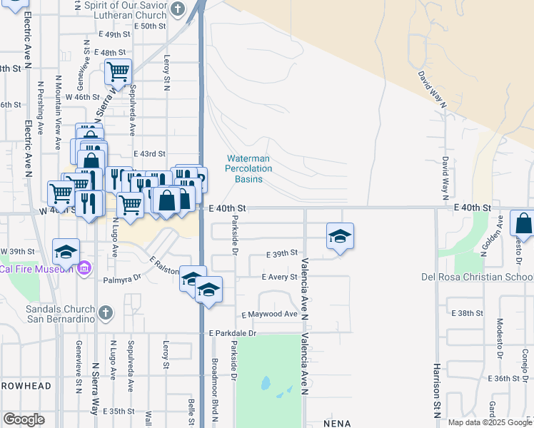 map of restaurants, bars, coffee shops, grocery stores, and more near 579 East 40th Street in San Bernardino
