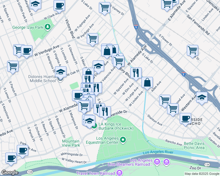 map of restaurants, bars, coffee shops, grocery stores, and more near 370 West Alameda Avenue in Burbank