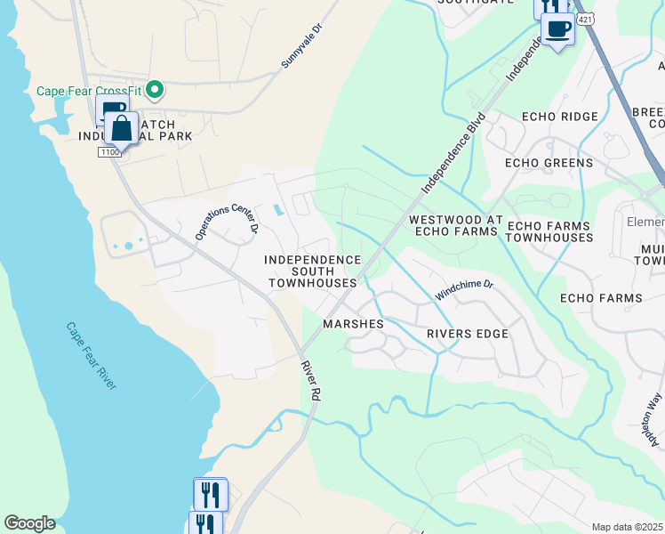 map of restaurants, bars, coffee shops, grocery stores, and more near 220 Hibiscus Way in Wilmington