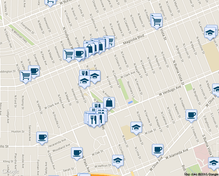 map of restaurants, bars, coffee shops, grocery stores, and more near 735 Lima Street in Burbank