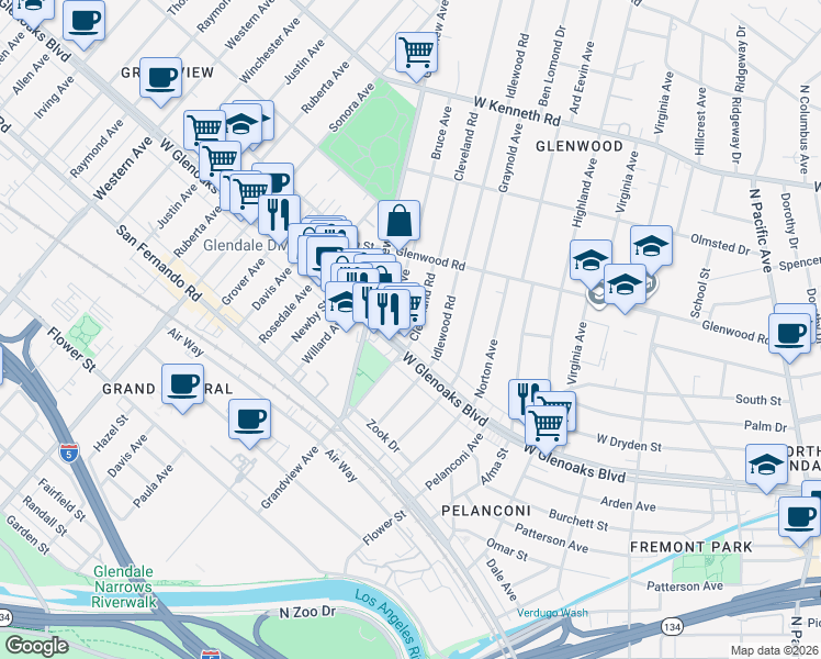 map of restaurants, bars, coffee shops, grocery stores, and more near 1115 Cleveland Road in Glendale