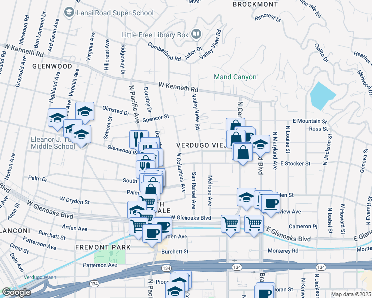 map of restaurants, bars, coffee shops, grocery stores, and more near 1236 North Columbus Avenue in Glendale