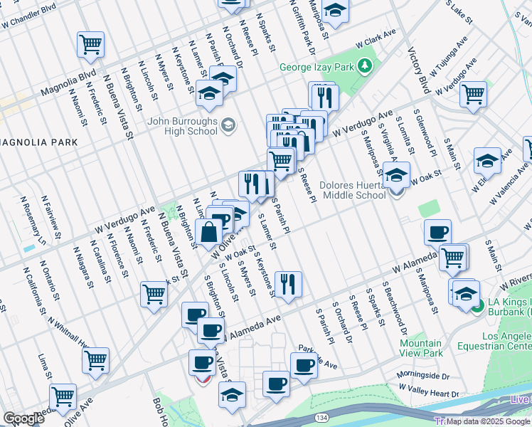 map of restaurants, bars, coffee shops, grocery stores, and more near 114 South Lamer Street in Burbank