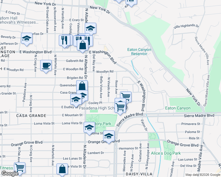 map of restaurants, bars, coffee shops, grocery stores, and more near 1072 North Vinedo Avenue in Pasadena