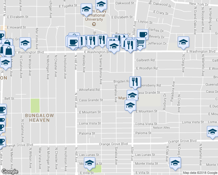 map of restaurants, bars, coffee shops, grocery stores, and more near 1643 Whitefield Road in Pasadena