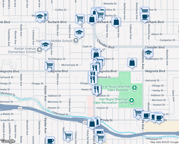 map of restaurants, bars, coffee shops, grocery stores, and more near 14520 Magnolia Boulevard in Los Angeles