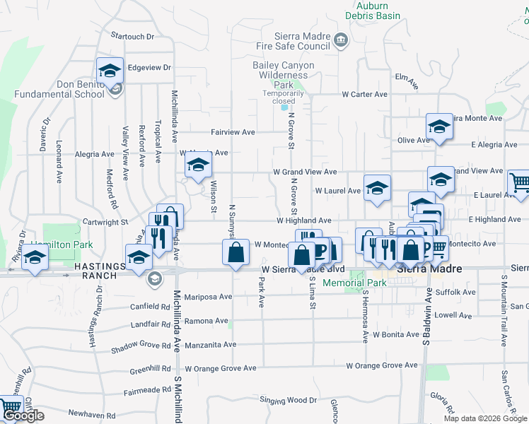 map of restaurants, bars, coffee shops, grocery stores, and more near 481 West Highland Avenue in Sierra Madre