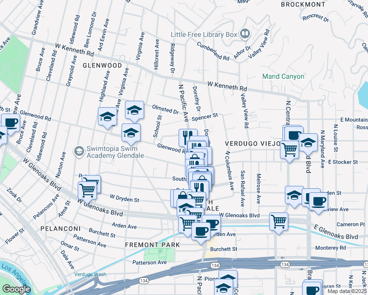 map of restaurants, bars, coffee shops, grocery stores, and more near 515 Glenwood Road in Glendale