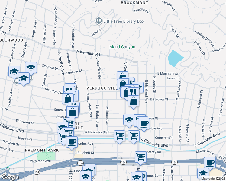 map of restaurants, bars, coffee shops, grocery stores, and more near 1201 Viola Avenue in Glendale