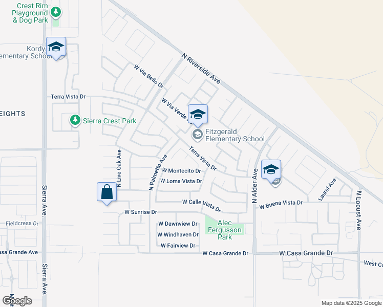 map of restaurants, bars, coffee shops, grocery stores, and more near 2560 West Plaza Serena Drive in Rialto