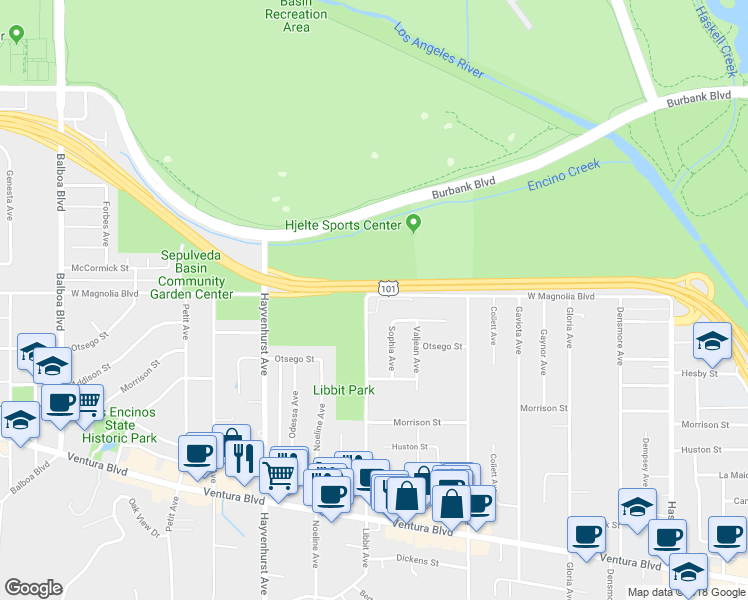 map of restaurants, bars, coffee shops, grocery stores, and more near 5181 Brian Lane in Los Angeles