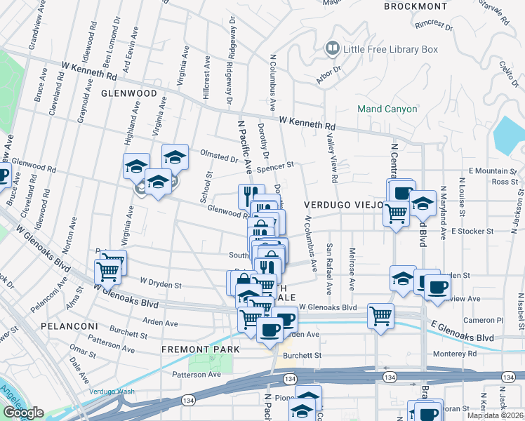 map of restaurants, bars, coffee shops, grocery stores, and more near 1222 North Pacific Avenue in Glendale