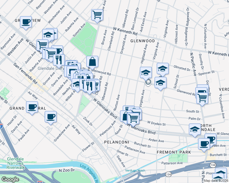 map of restaurants, bars, coffee shops, grocery stores, and more near 1150 Norton Avenue in Glendale