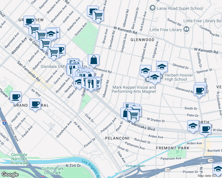map of restaurants, bars, coffee shops, grocery stores, and more near 1207 Graynold Avenue in Glendale