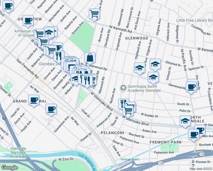 map of restaurants, bars, coffee shops, grocery stores, and more near 1207 Graynold Avenue in Glendale
