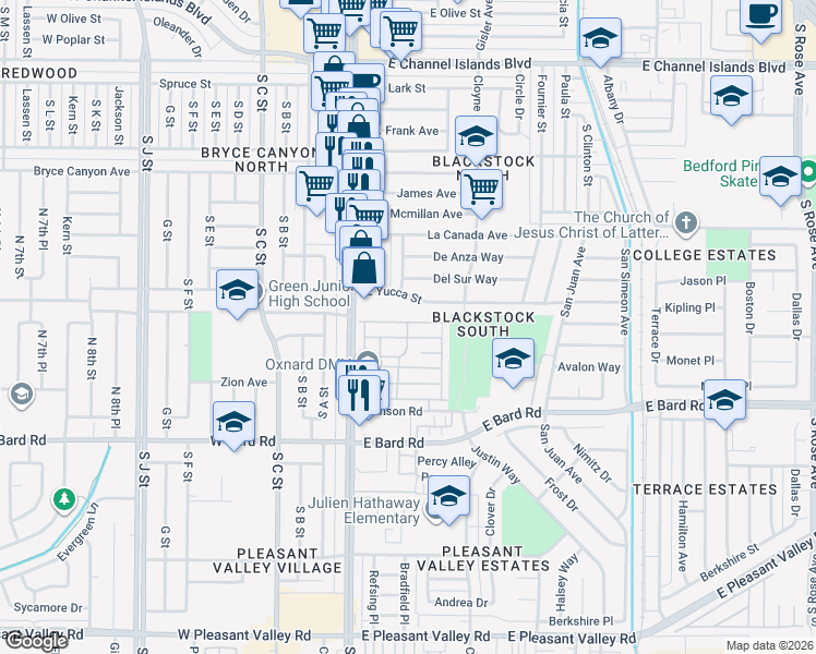 map of restaurants, bars, coffee shops, grocery stores, and more near 350 East Yucca Street in Oxnard