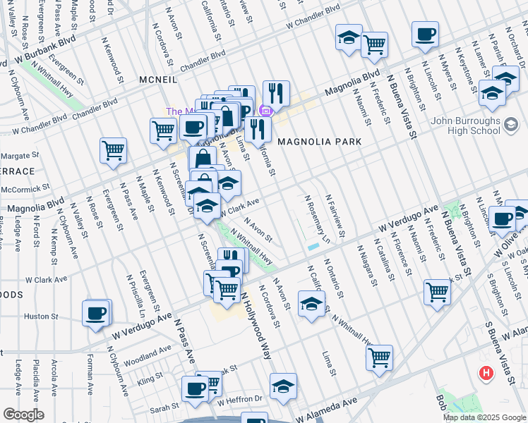 map of restaurants, bars, coffee shops, grocery stores, and more near 735 Lima Street in Burbank