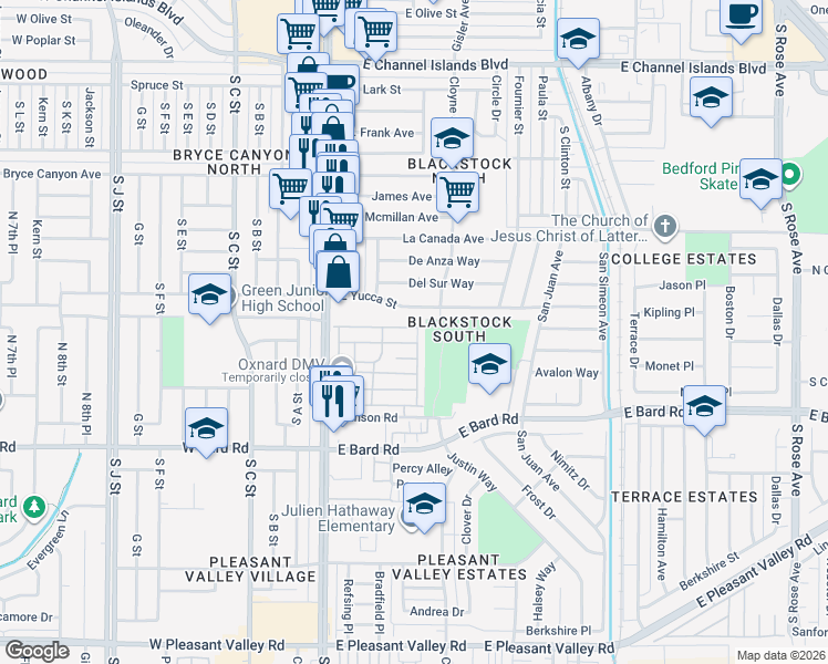 map of restaurants, bars, coffee shops, grocery stores, and more near 450 East Yucca Street in Oxnard