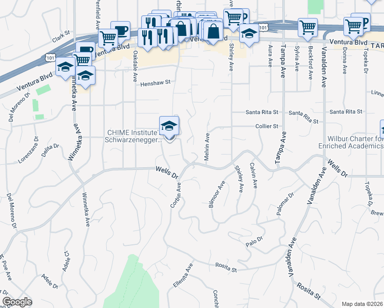map of restaurants, bars, coffee shops, grocery stores, and more near 19621 Wells Drive in Los Angeles