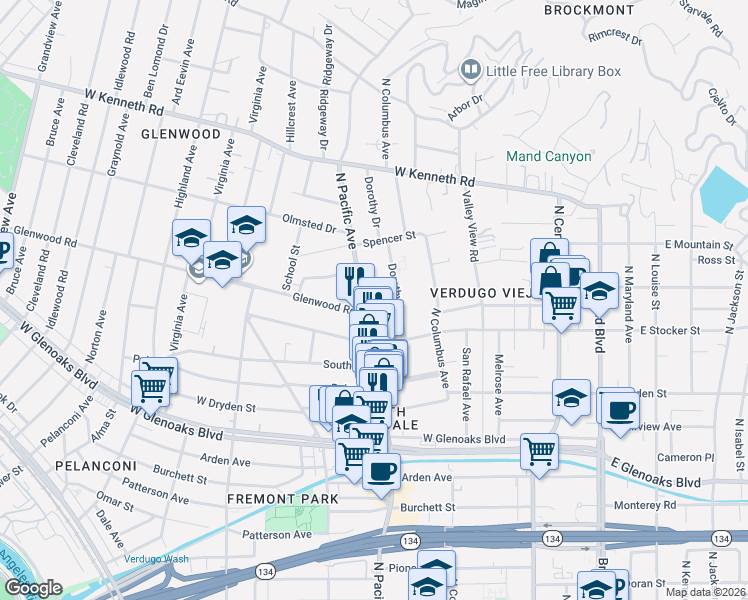 map of restaurants, bars, coffee shops, grocery stores, and more near 1310 North Pacific Avenue in Glendale