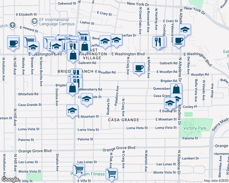 map of restaurants, bars, coffee shops, grocery stores, and more near 2080 Queensberry Road in Pasadena