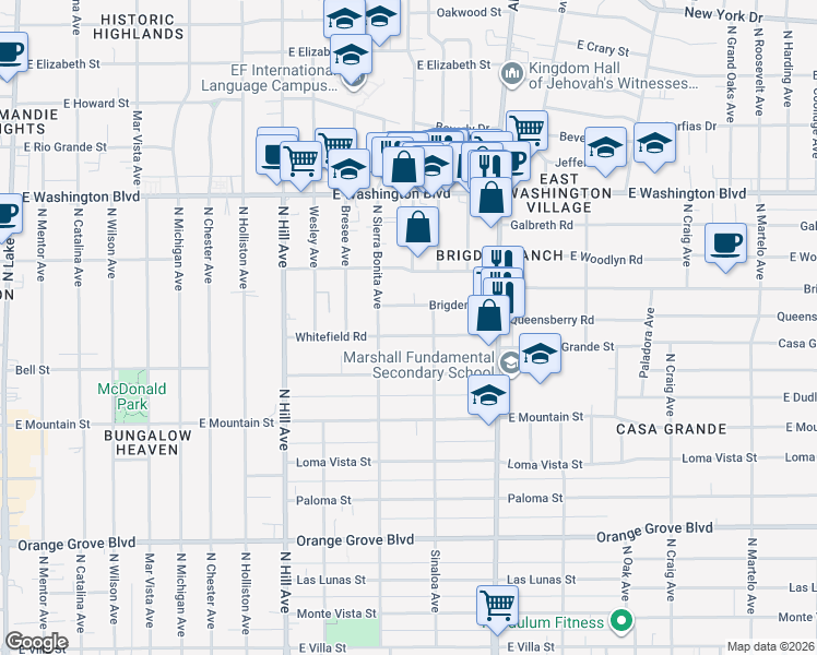 map of restaurants, bars, coffee shops, grocery stores, and more near 1643 Whitefield Road in Pasadena