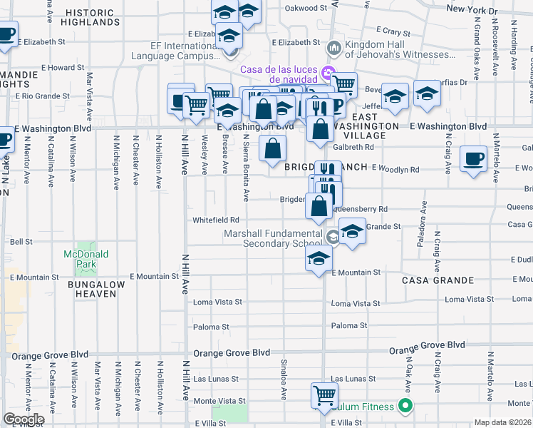 map of restaurants, bars, coffee shops, grocery stores, and more near 1673 Brigden Road in Pasadena