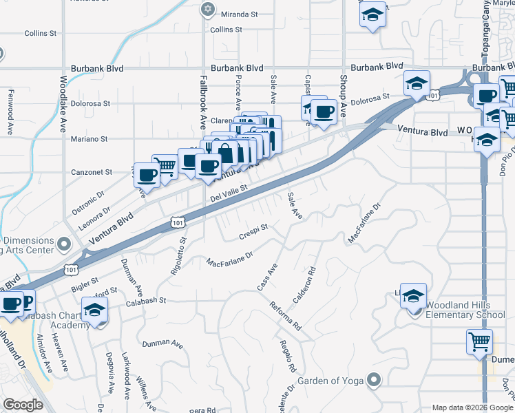 map of restaurants, bars, coffee shops, grocery stores, and more near 5187 Knollwood Way in Los Angeles