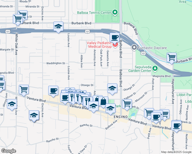 map of restaurants, bars, coffee shops, grocery stores, and more near 5170 Amestoy Avenue in Los Angeles