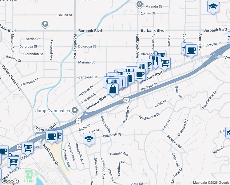 map of restaurants, bars, coffee shops, grocery stores, and more near 22984 Ventura Boulevard in Los Angeles