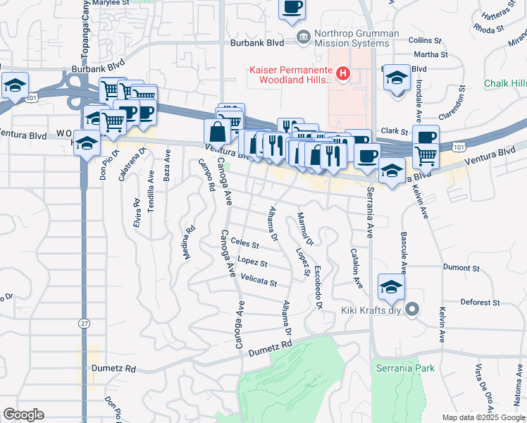 map of restaurants, bars, coffee shops, grocery stores, and more near 21211 Avenue San Luis in Los Angeles