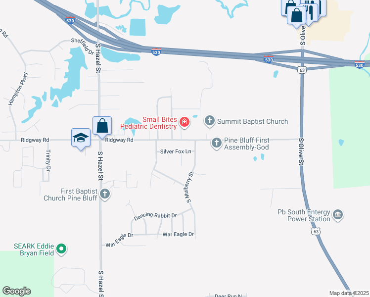map of restaurants, bars, coffee shops, grocery stores, and more near 6100 South Mulberry Street in Pine Bluff