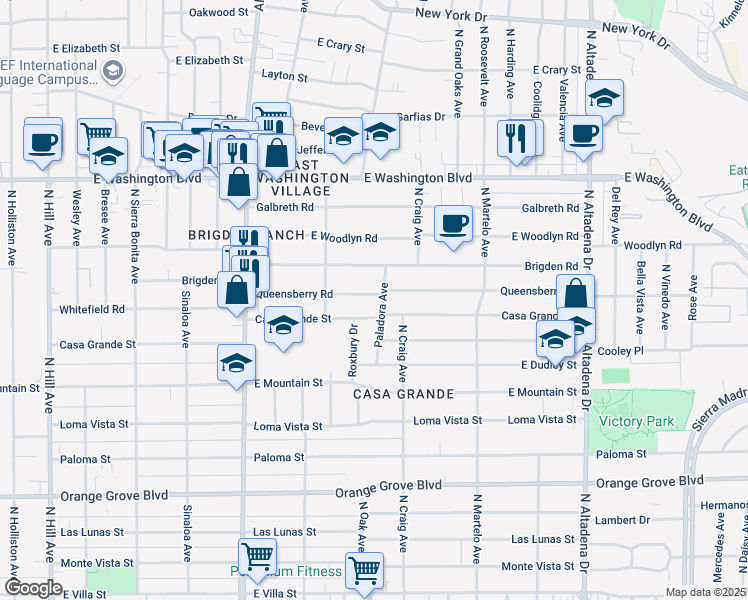map of restaurants, bars, coffee shops, grocery stores, and more near 2080 Queensberry Road in Pasadena