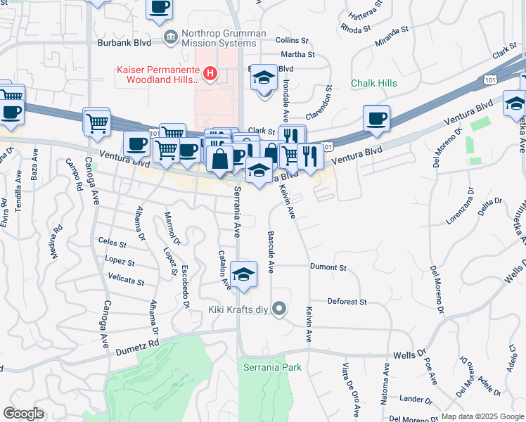 map of restaurants, bars, coffee shops, grocery stores, and more near 5201 Bascule Avenue in Los Angeles