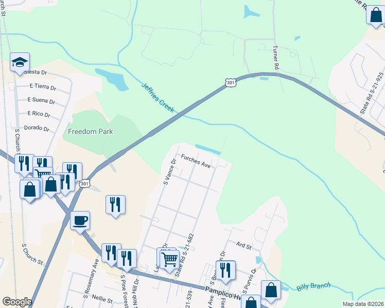 map of restaurants, bars, coffee shops, grocery stores, and more near 2102 South Vance Drive in Florence