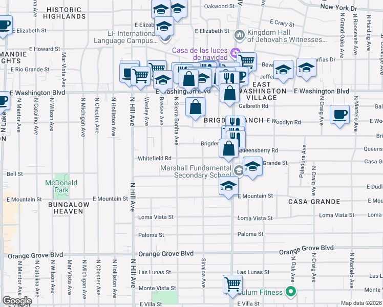 map of restaurants, bars, coffee shops, grocery stores, and more near 1673 Brigden Road in Pasadena