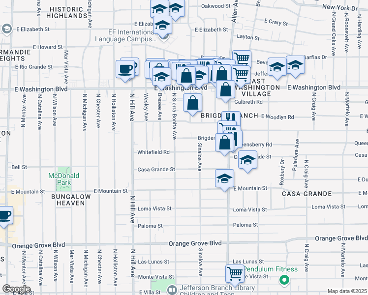 map of restaurants, bars, coffee shops, grocery stores, and more near in Pasadena