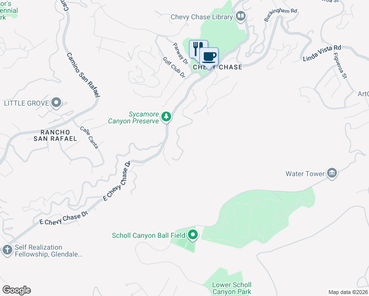 map of restaurants, bars, coffee shops, grocery stores, and more near 2816 East Chevy Chase Drive in Glendale