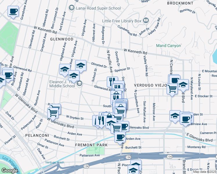 map of restaurants, bars, coffee shops, grocery stores, and more near 510 Clement Drive in Glendale