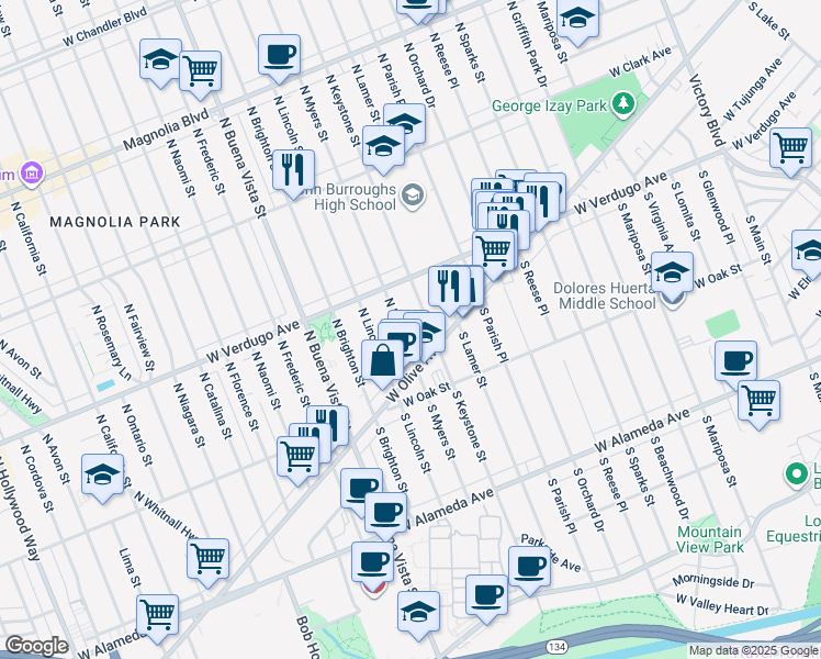 map of restaurants, bars, coffee shops, grocery stores, and more near 228 North Myers Street in Burbank