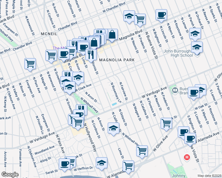 map of restaurants, bars, coffee shops, grocery stores, and more near in Burbank
